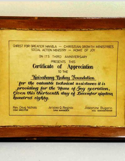 December 13, 1980 - Certificate of Appreciation for assistance in the Home of Joy Operation