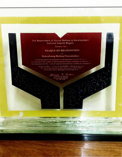 May 3, 2002 - Plaque of Recognition for responding to the needs of homeless Filipino children, women, and families in difficult situations