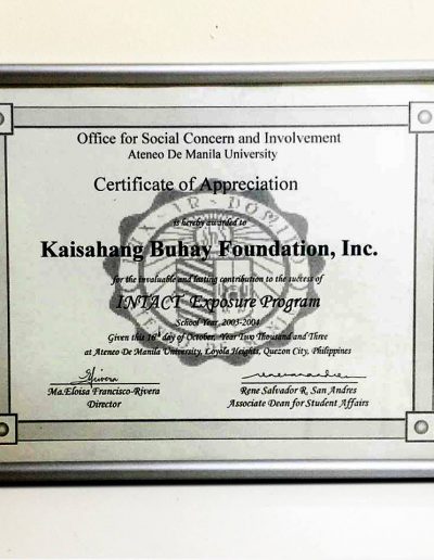 October 16, 2003 - Certificate of Appreciation - INTACT Exposure Program