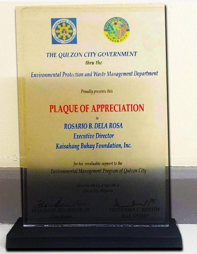 April 16, 2007 - Plaque of Appreciation for invaluable support to the Environmental Management Program of Quezon City