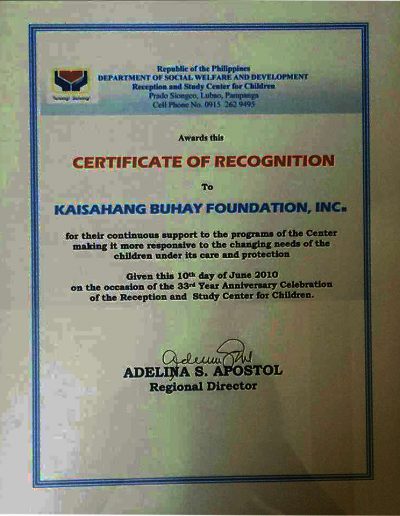 June 10, 2010 - Certificate of Recognition