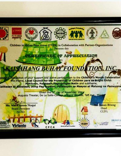 November 5, 2011 - Certificate of Appreciation for active participation in Children's Month