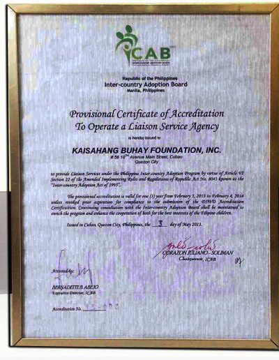 February 5, 2013 - Certificate of Accreditation to Operate a Liason Service Agency