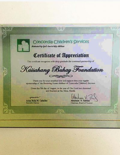 August 9, 2014 - Certificate of Appreciation for sponsorship of Receiving Home children