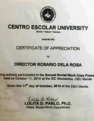 October 11, 2014 - Certificate of Appreciation in the Annual Social Work Case Presentation