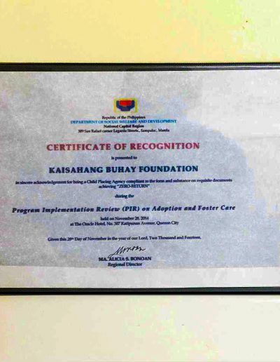 November 28, 2014 - Certificate of Recognition for Program Implementation Review (PIR) on Adoption and Foster Care