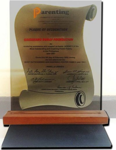 February 9, 2016 - Plaque of Recognition as home agency of the Most Outstanding and Inspiring Foster Family in the Philippines